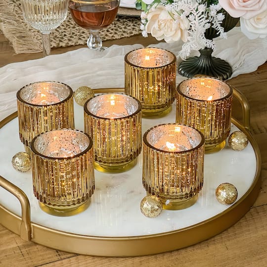 Kate Aspen® Gold Vintage Ribbed Glass Tealight Votive Candle Holder Set